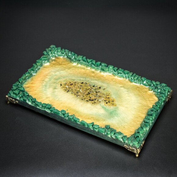 Green and Gold Crystal Edge Vanity Tray with feetPerfume TrayCandle Tray